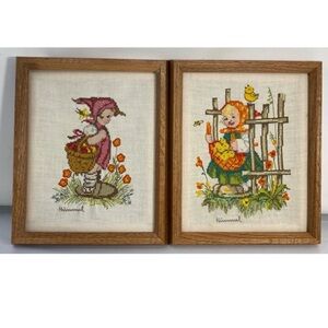 2 Pair Vintage Crewel Framed Embroidery Hummel Needlepoint Peasant Girl 11" x 9"